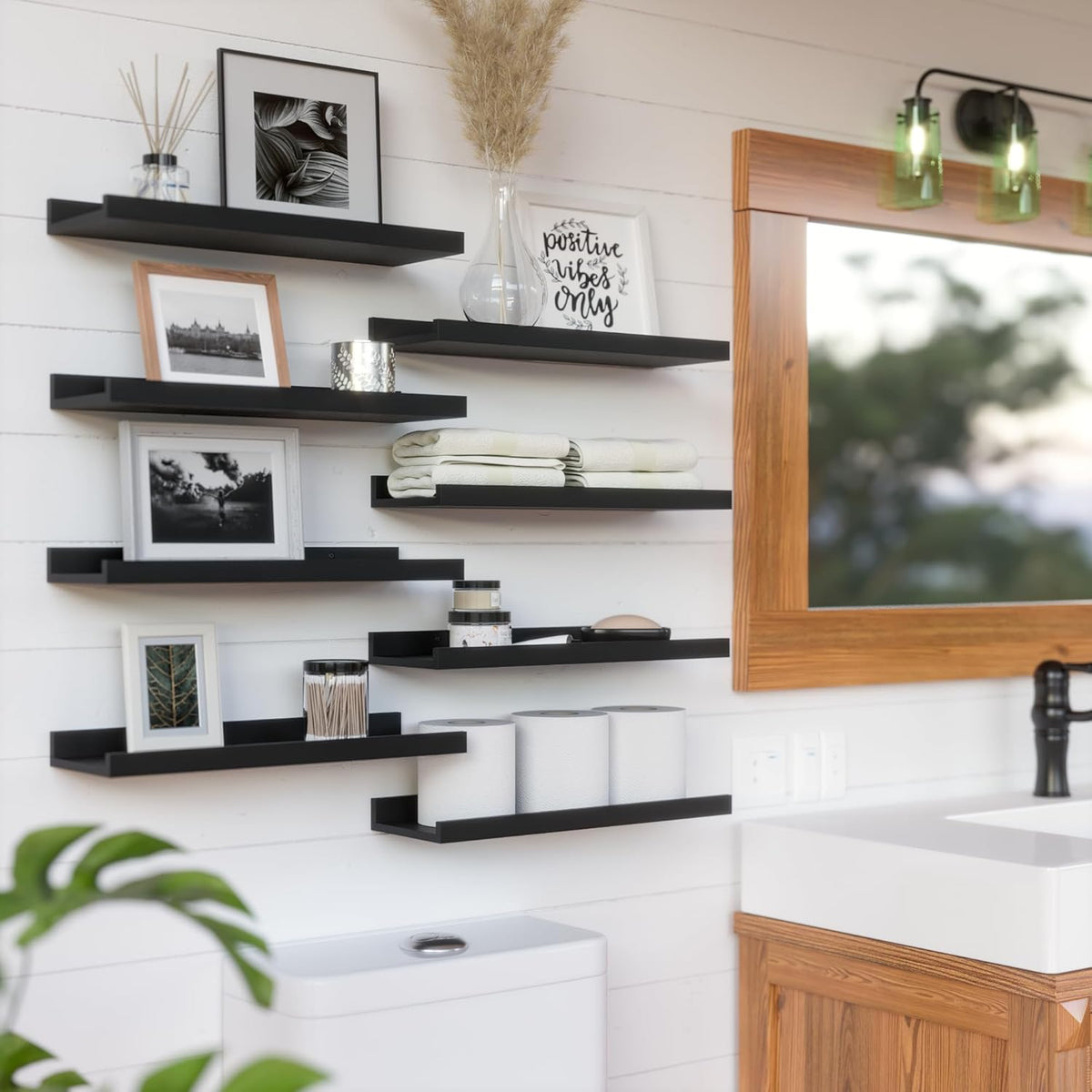 RICHER HOUSE Floating Wall Mounted Shelves, 8pc Set with Lip - Black Nursery Book Shelves for