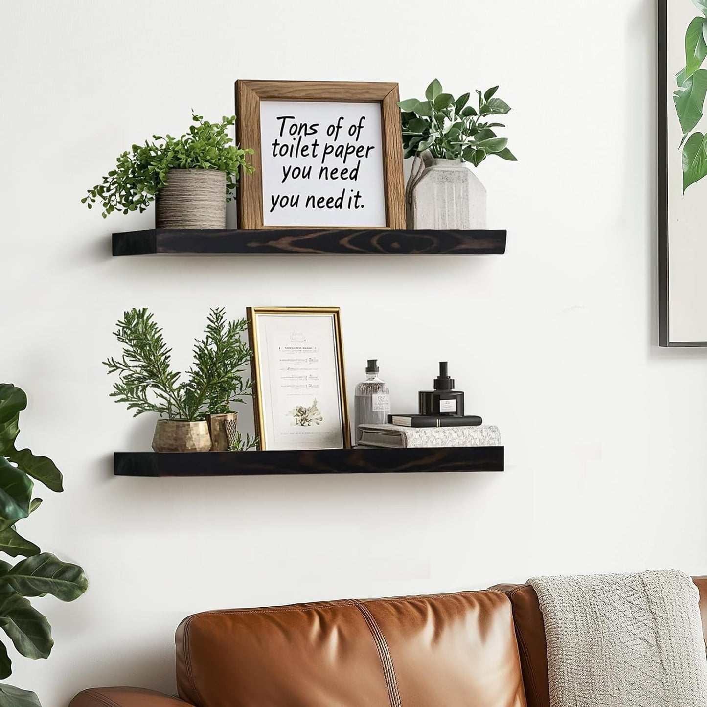 Floating Wall Shelves - 16"x6.8"x1.2" Sturdy Rustic Black Solid Wood Shelves for Storage and Décor