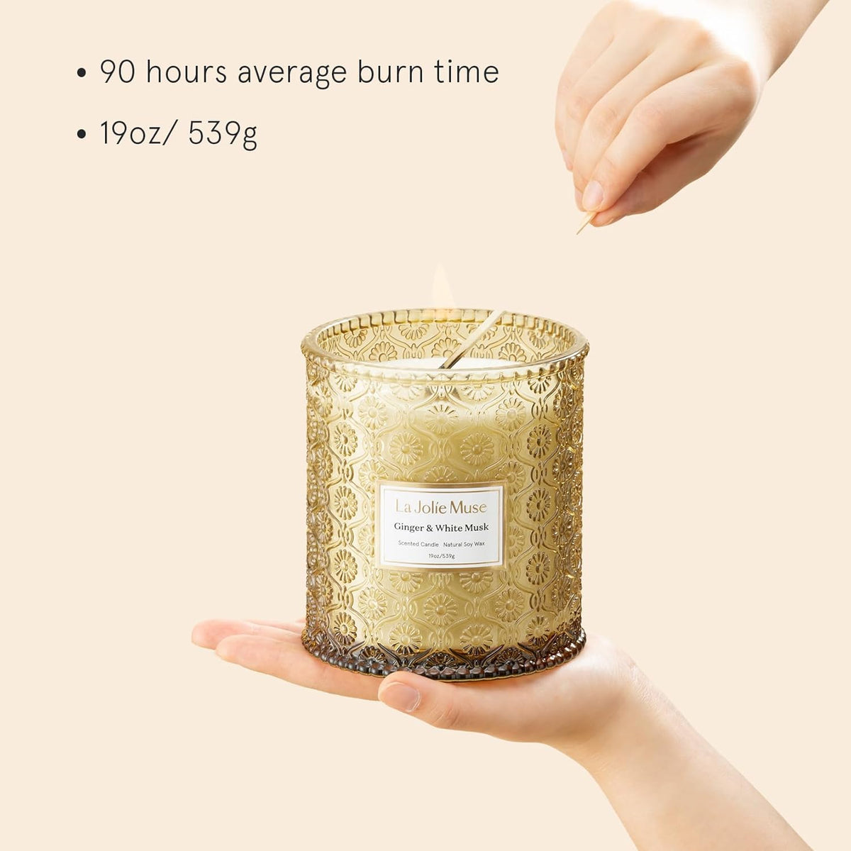 LA JOLIE MUSE Fall Candle | Ginger & White Musk Candle – Ginger, Lemongrass & Musk | 19 oz Wooden