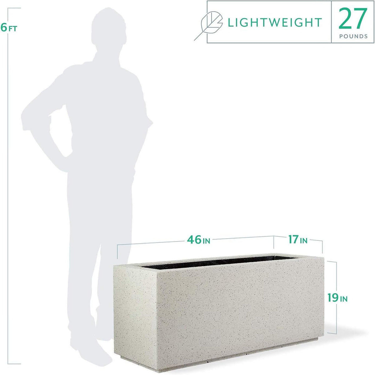 PolyStone Milan Tall Modern Outdoor/Indoor Rectangular Trough Planter, 46" W x 19" H, Lightweight