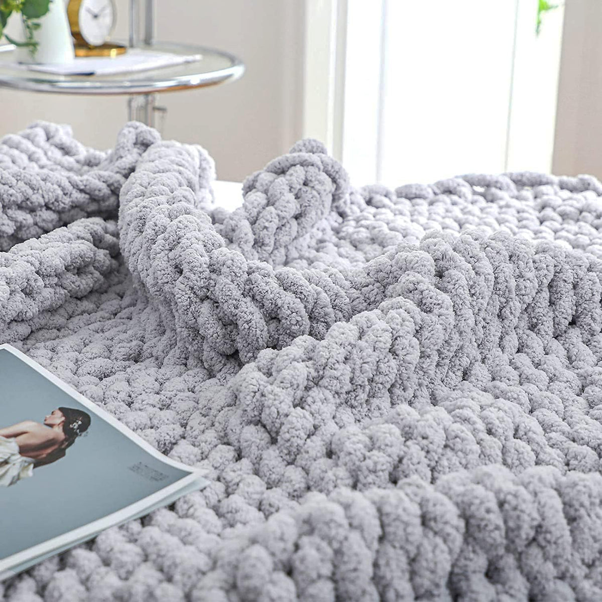 Bigacogo Chunky Knit Throw Blanket for Couch, 51x63 inches, 100% Hand Knitted with Thick Jumbo