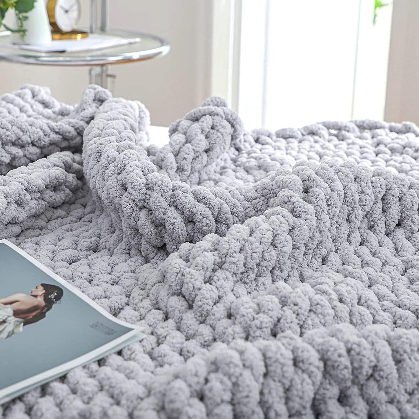 Bigacogo Chunky Knit Throw Blanket for Couch, 40x80 inches, 100% Hand Knitted with Thick Jumbo
