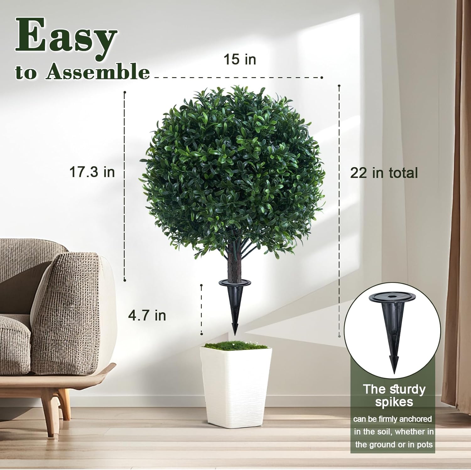 Artificial Boxwood Topiary Ball Bush for Outdoor with Spike, UV Resistant Faux Boxwood Ball Tree