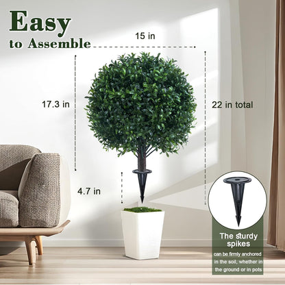 Artificial Boxwood Topiary Ball Bush for Outdoor with Spike, UV Resistant Faux Boxwood Ball Tree