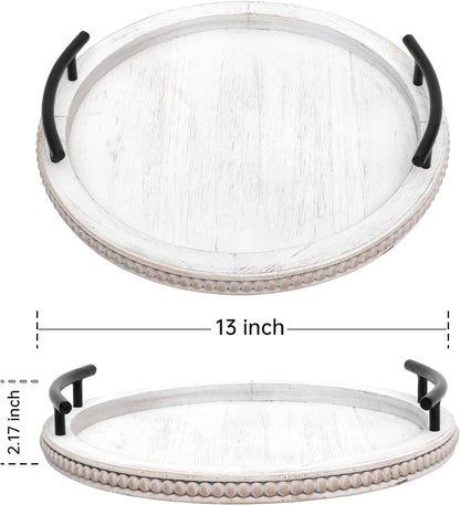 SwallowLiving White Wooden Beaded Serving Tray with Handle Decorative Rustic Whitewashed Tray for
