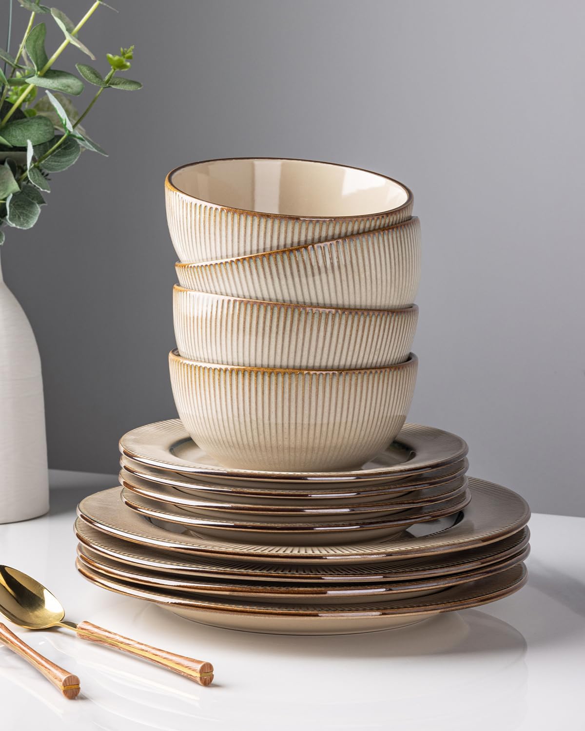 GBHOME Ceramic Dinnerware Sets,12 pcs Embossed Elegant Stoneware Plates and Bowls Sets