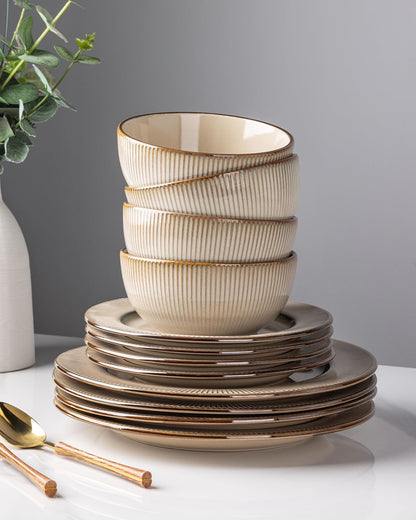 GBHOME Ceramic Dinnerware Sets,12 pcs Embossed Elegant Stoneware Plates and Bowls Sets