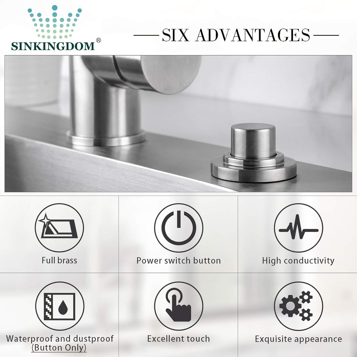 SinkTop Air Switch Kit (Long Full Brass Button) for Disposal, Dual Outlet, (Brushed Nickel)