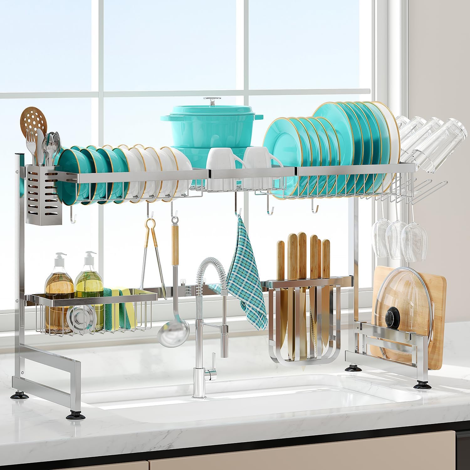MAJALiS Over Sink Dish Drainer Drying Rack, 2 Tier Stainless Steel Dish Rack Over Sink Sink Length