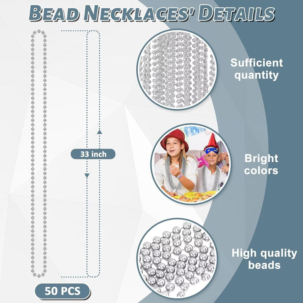 50PCS Bead Necklace, Silver Christmas Bead Stuff Party Favors, 33" Xmas Necklaces Women and Men