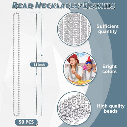 50PCS Bead Necklace, Silver Christmas Bead Stuff Party Favors, 33" Xmas Necklaces Women and Men