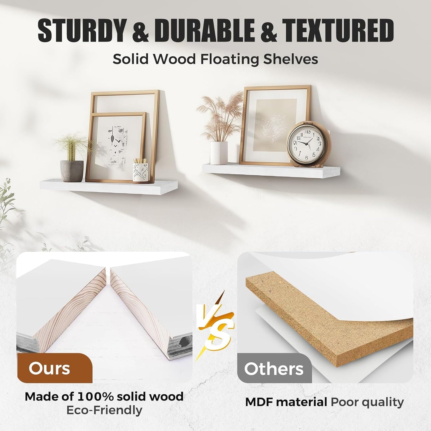 Floating Wall Shelves - 16"x6.8"x1.2" Sturdy Rustic White Solid Wood Shelves for Storage and Décor
