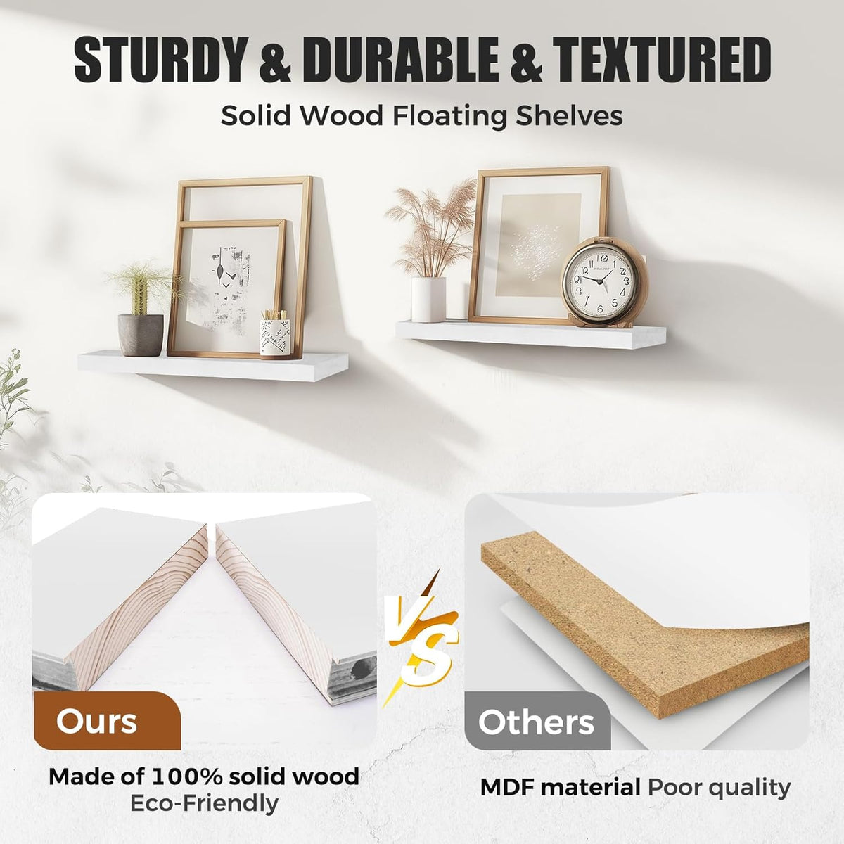 Floating Wall Shelves - 16"x6.8"x1.2" Sturdy Rustic White Solid Wood Shelves for Storage and Décor