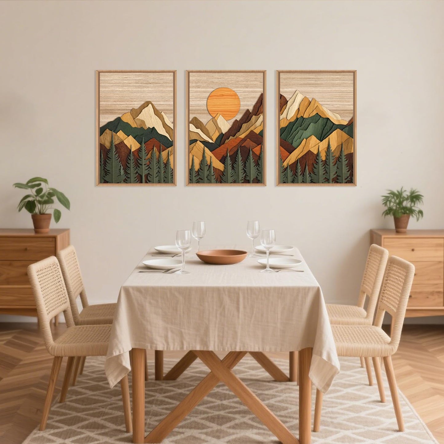 Celestdeco Woodcut Style Mountain Framed Canvas Wall Art Set, Large Brown Ridge Wall Decor, Boho