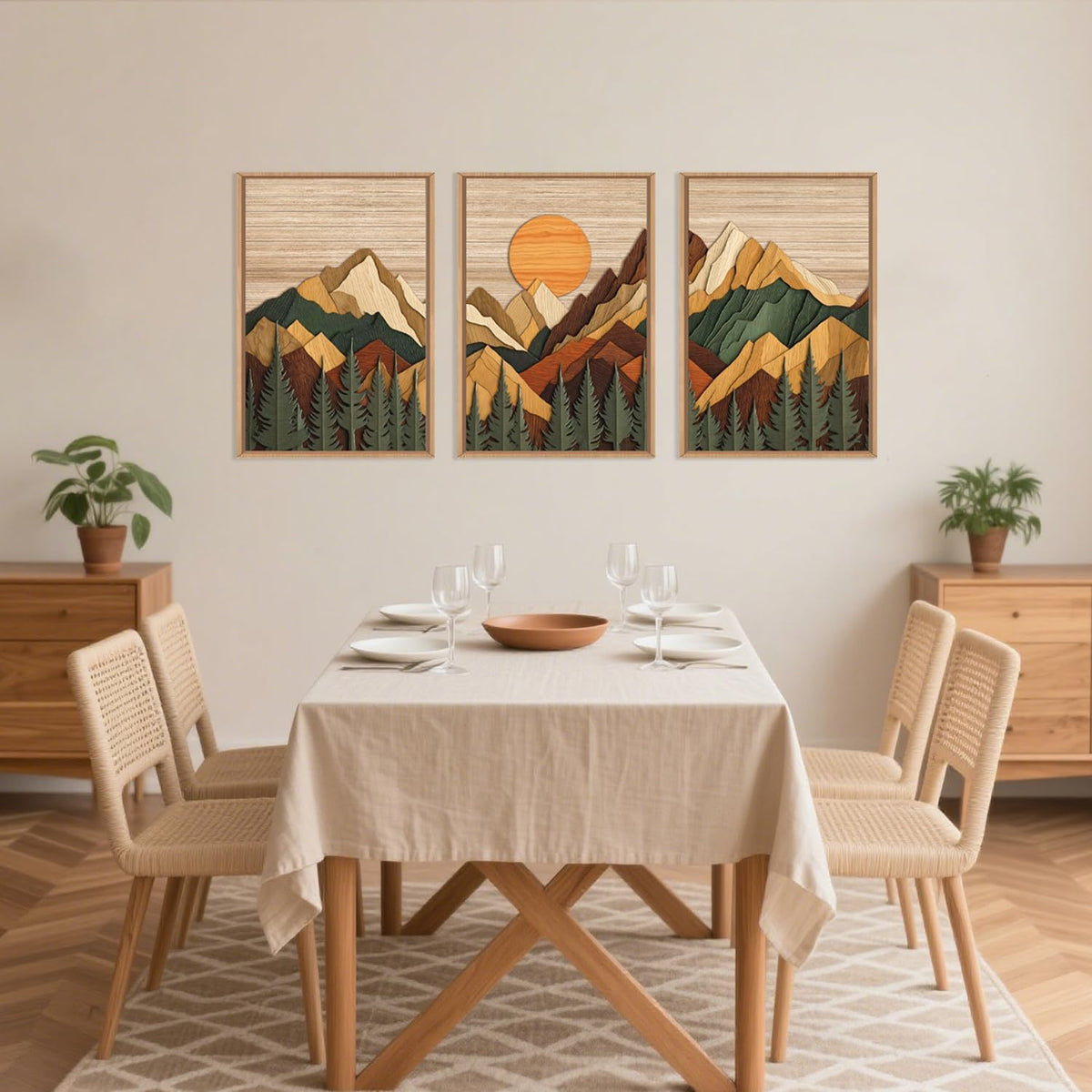 Celestdeco Woodcut Style Mountain Framed Canvas Wall Art Set, Large Brown Ridge Wall Decor, Boho
