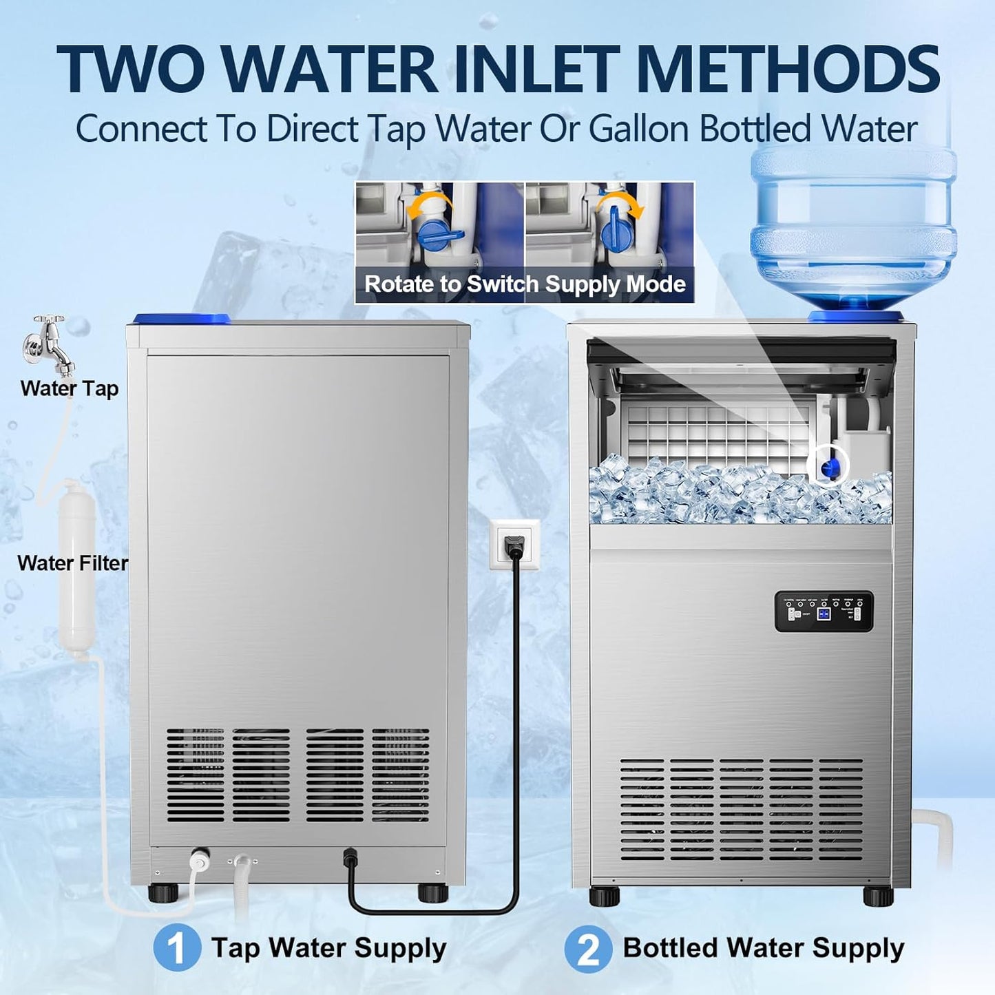 Commercial Ice Maker Machine, 150Lbs/24H with 45Lbs Storage, Fast Ice Making in 8-15Mins, Stainless