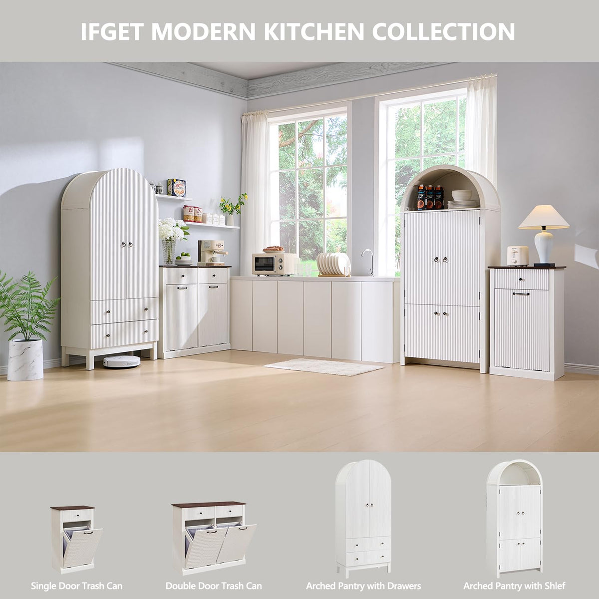 Modern Tilt-Out Trash Can Cabinet, 10 Gallon Fluted Laundry Hamper Cabinet with Drawers, Wooden