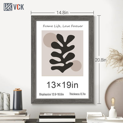VCK 13x19 Picture Frame Set of 3, Gray Solid Wood Poster Picture Frame, Exclusive Wood Grain, Wall