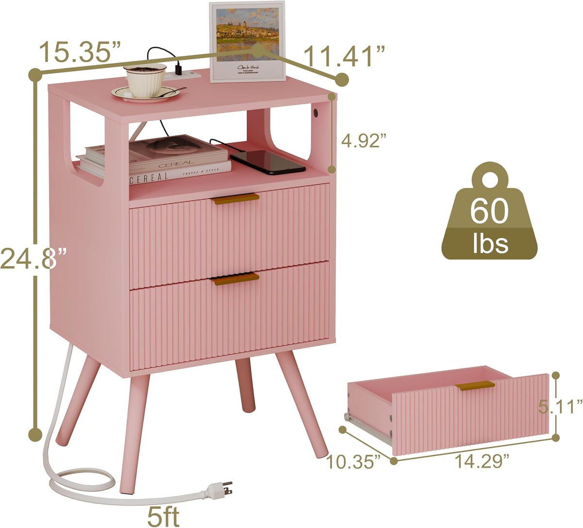 Pink Nightstand with Charging Station and LED Lights,Modern Bedside Table with 2 Storage Drawer and