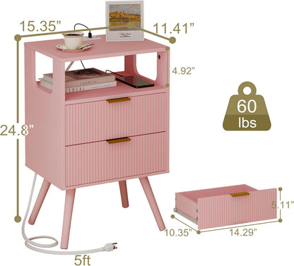 Pink Nightstand with Charging Station and LED Lights,Modern Bedside Table with 2 Storage Drawer and