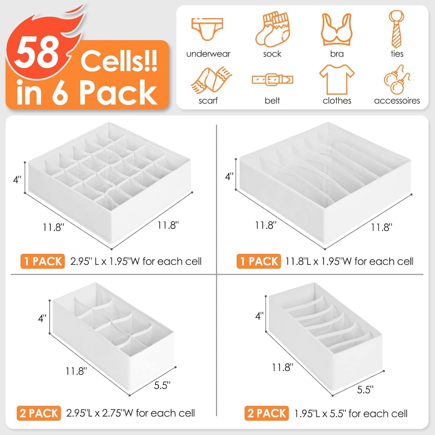 6 Pack Sock Underwear Drawer Organizer Dividers, 58 Cell Foldable Fabric Dresser Closet Organizers
