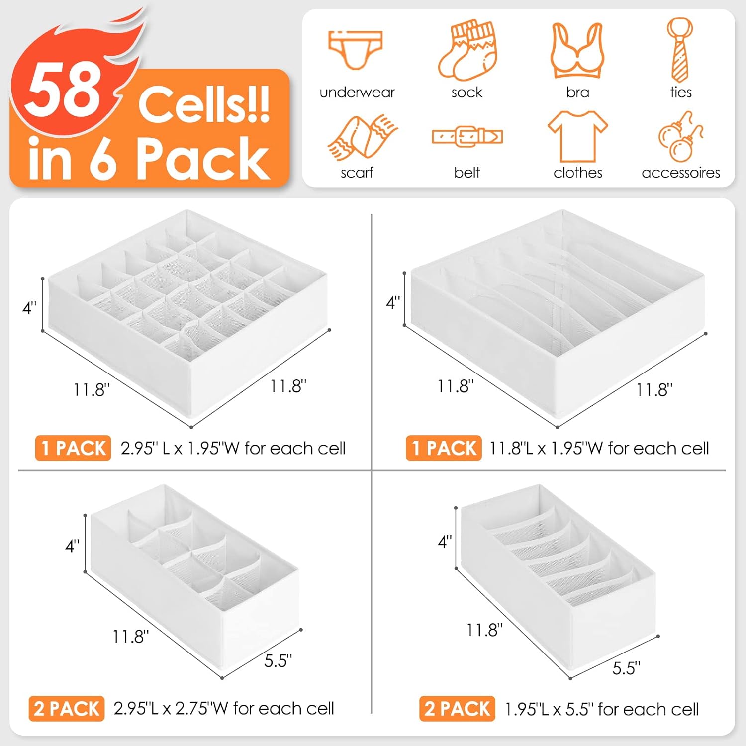 6 Pack Sock Underwear Drawer Organizer Dividers, 58 Cell Foldable Fabric Dresser Closet Organizers