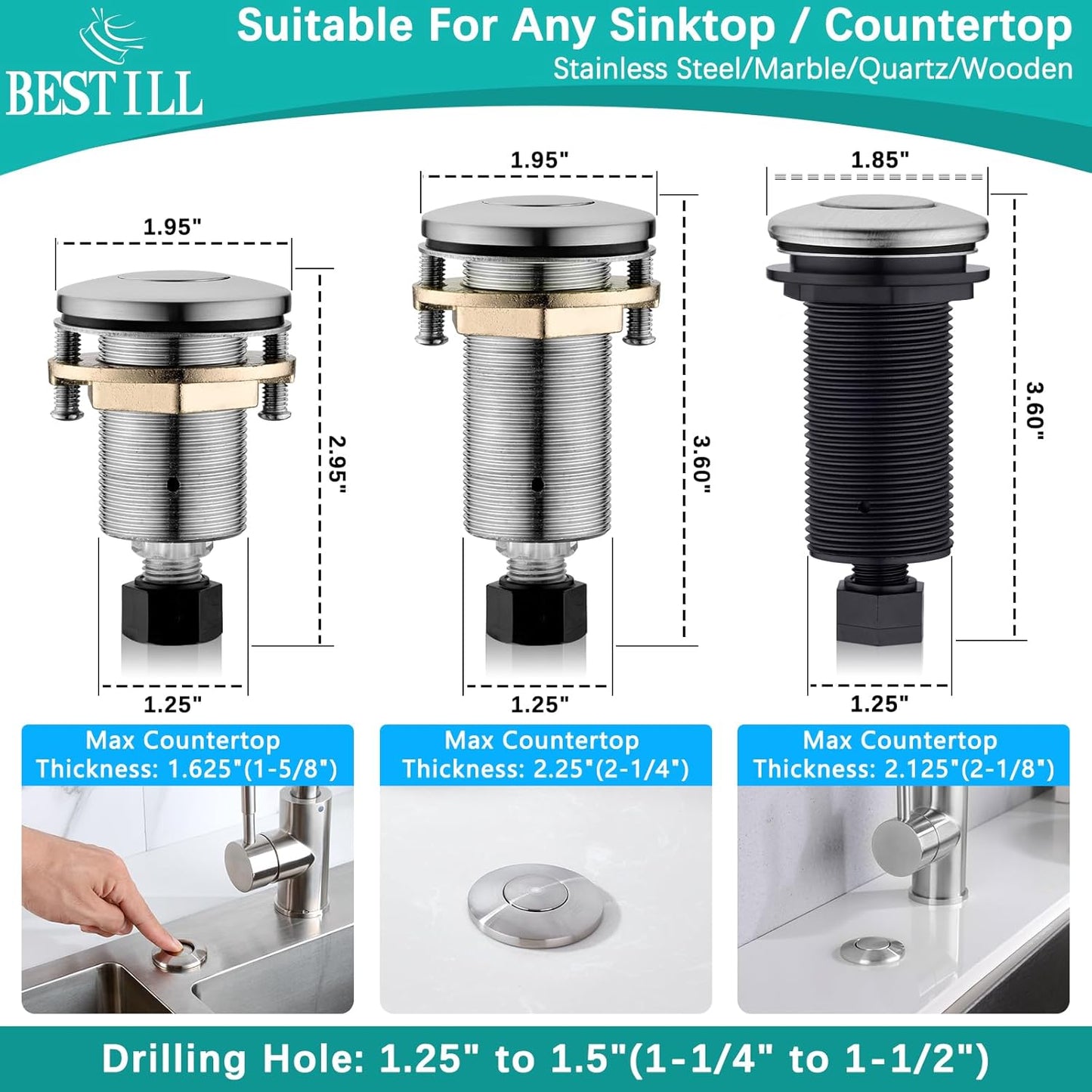 BESTILL Garbage Disposal Air Switch Kit - UL Listed, Brass 3.6" Long Push Button for Waste