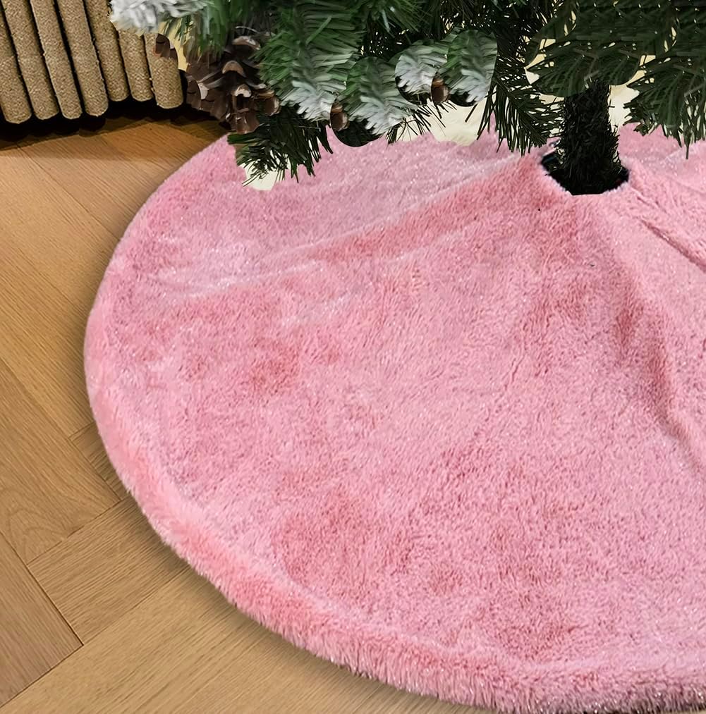 AOGU 36 Inch Faux Fur Christmas Tree Skirt Pink Shiny Plush Skirt for Merry Christmas Party