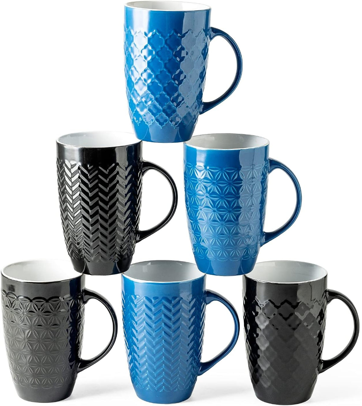 AmorArc Large Coffee Mugs Set of 6, 20oz Ceramic Tall Coffee Mugs Set with Textured Geometric