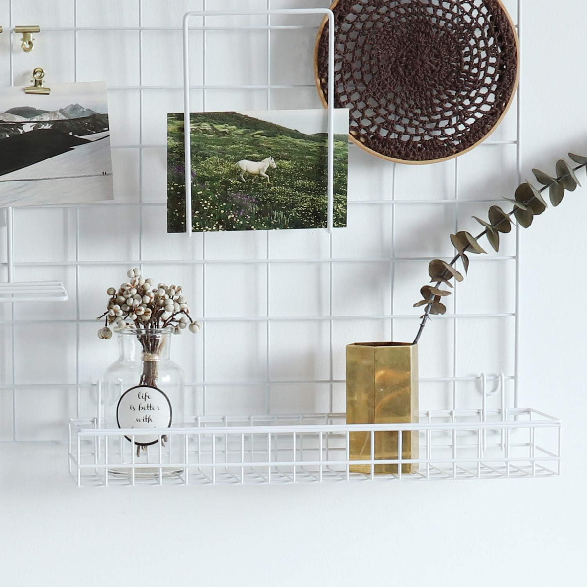 FRIADE Wall Grid Panel Hanging Basket with Hooks,Bookshelf,Display Shelf,Wall Organizer and Storage