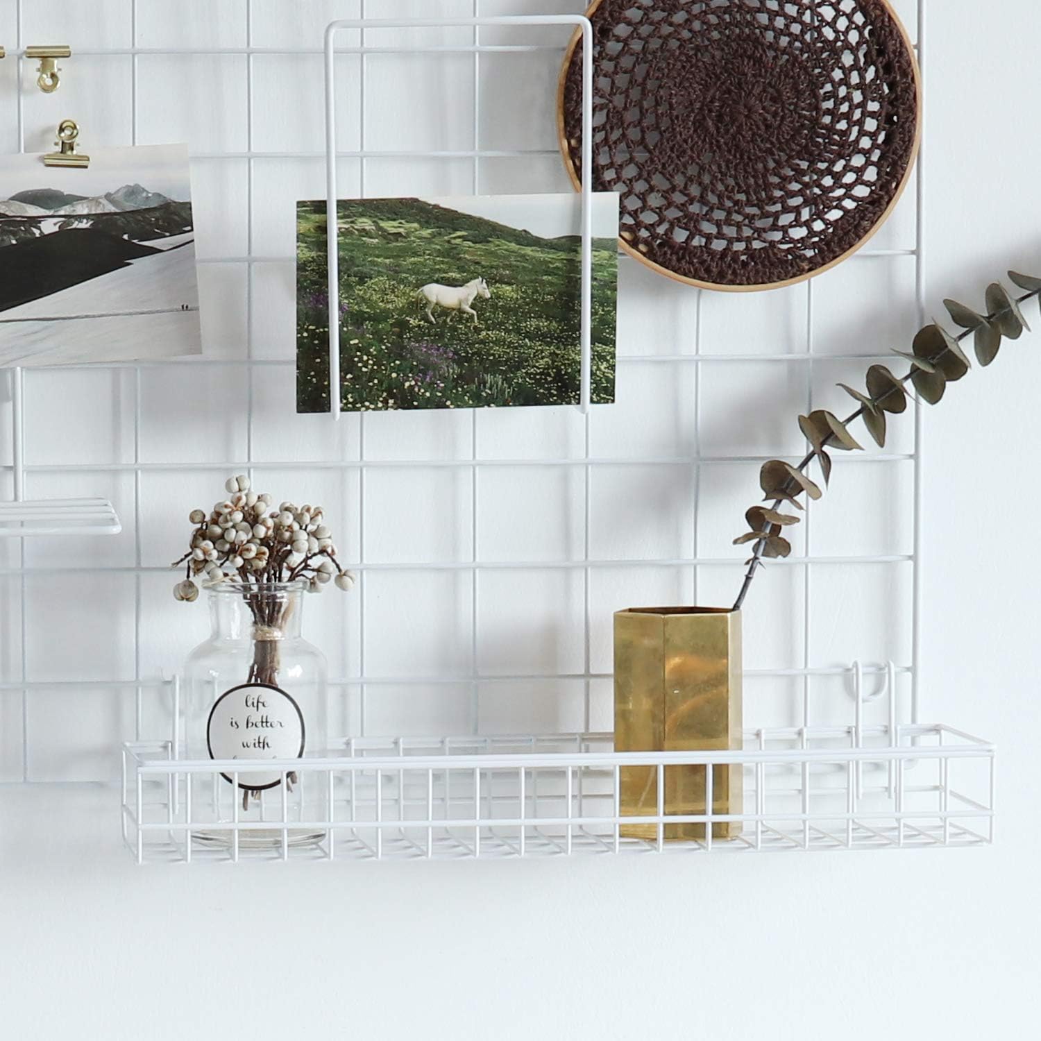 FRIADE Wall Grid Panel Hanging Basket with Hooks,Bookshelf,Display Shelf,Wall Organizer and Storage