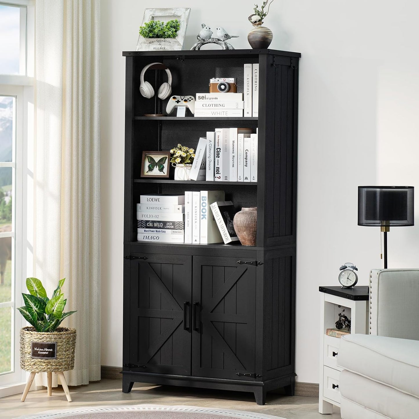 70in Tall Bookshelf 5 Tier Bookcase with Barn Doors and Adjustable Shelves, Black Farmhouse Book