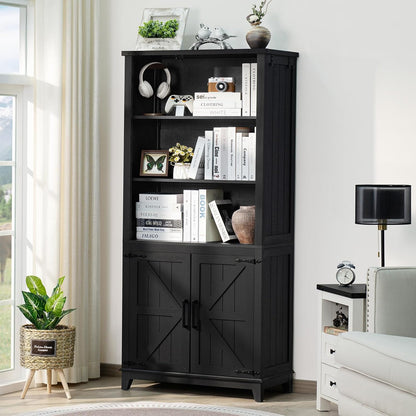 70in Tall Bookshelf 5 Tier Bookcase with Barn Doors and Adjustable Shelves, Black Farmhouse Book