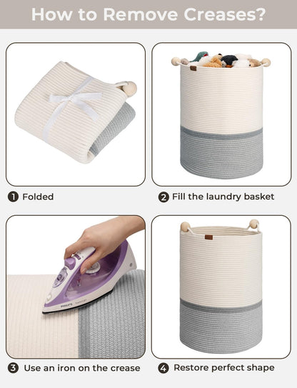 StorageWorks 72L Cotton Rope Laundry Basket with Wooden Beads Handles, Woven Basket for Storage