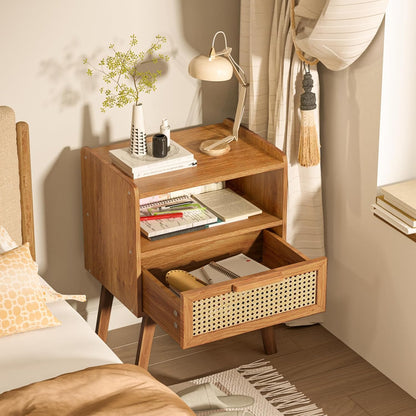 Lerliuo Rattan Nightstand, Side Table with Drawer Open Shelf, Cane Accent Bedside End Table with