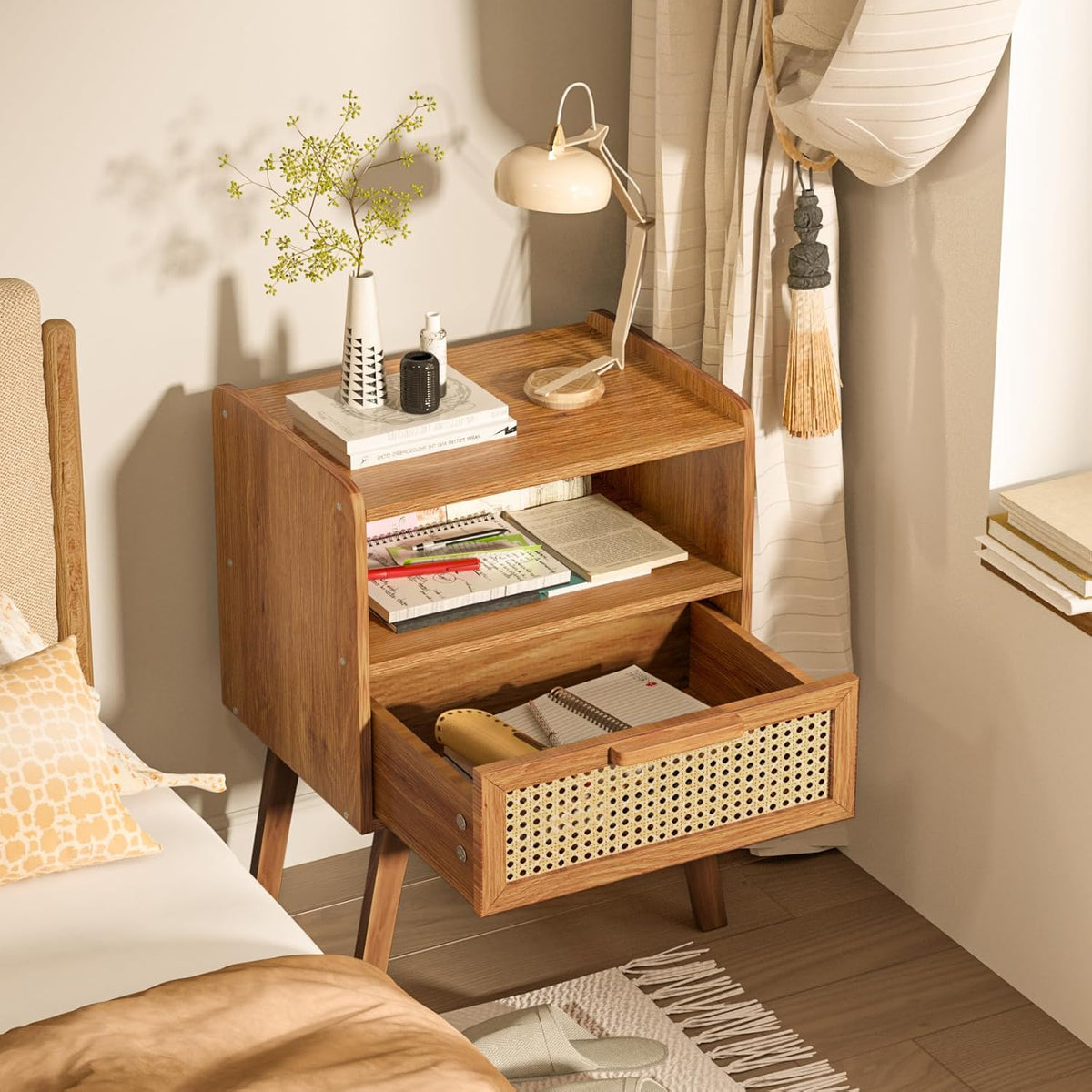 Lerliuo Rattan Nightstands Set of 2, Side Table with Drawer, Cane Accent Bedside End Table with