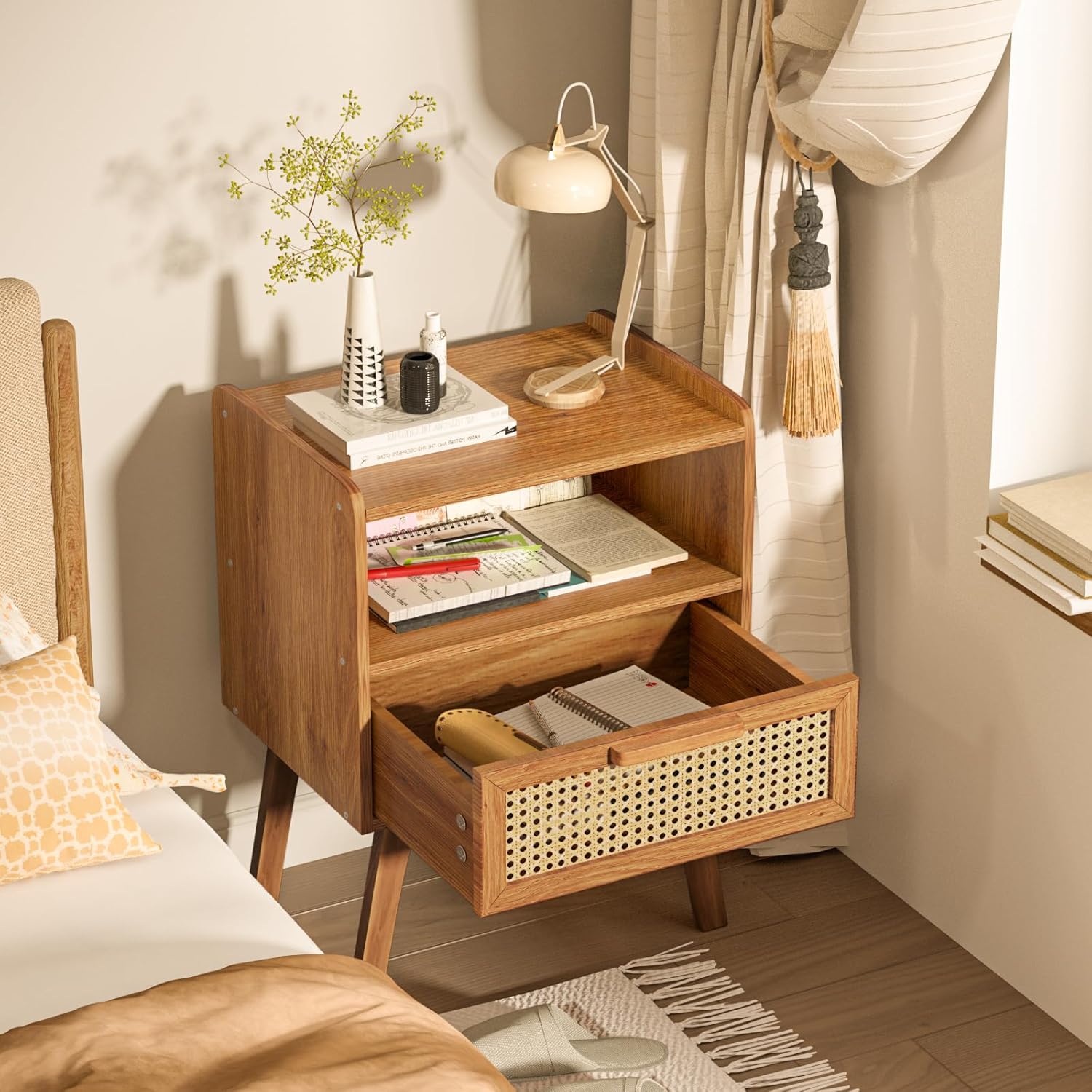 Lerliuo Rattan Nightstands Set of 2, Side Table with Drawer, Cane Accent Bedside End Table with