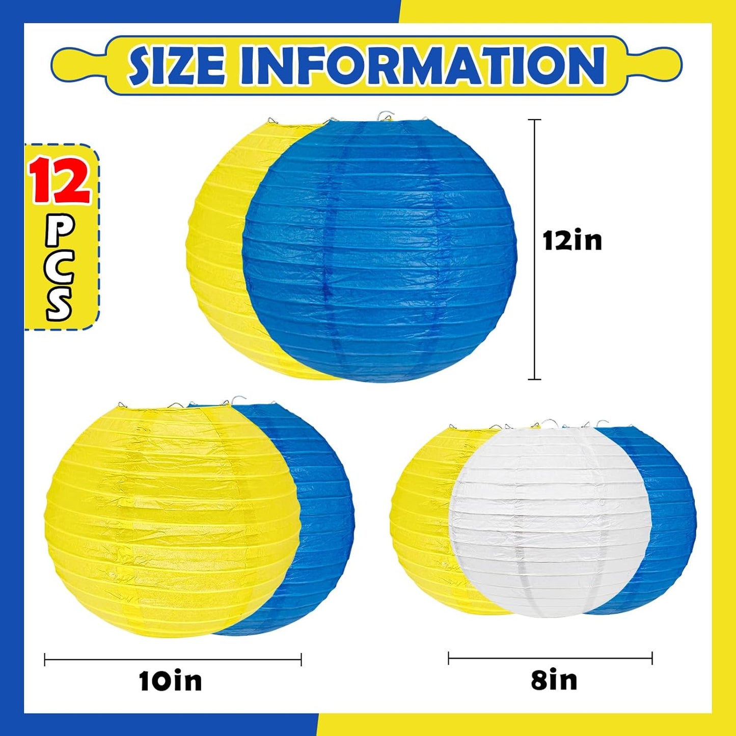 12Pcs Blue and Yellow Party Decorations Hanging Round Paper Lanterns Assorted Sizes (8" 10" 12")