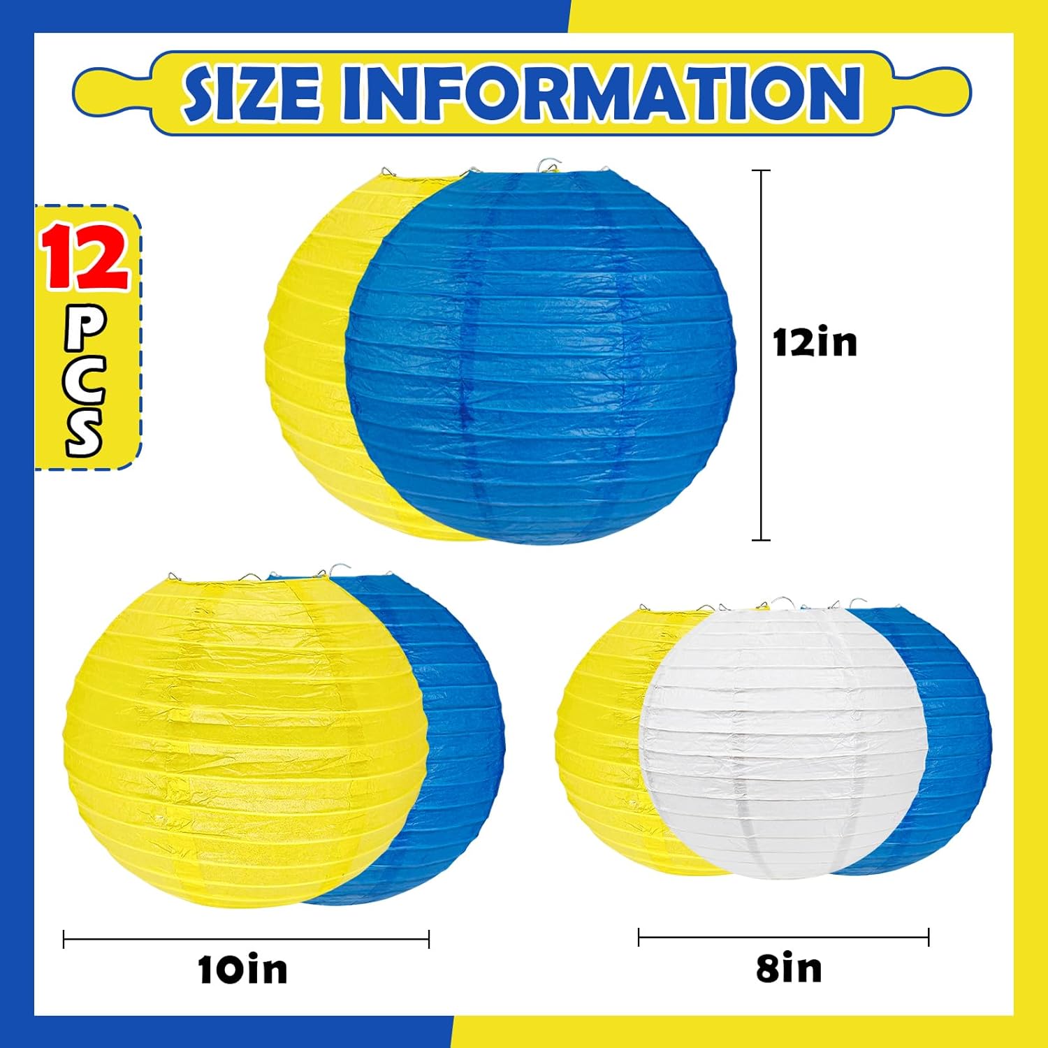 12Pcs Blue and Yellow Party Decorations Hanging Round Paper Lanterns Assorted Sizes (8" 10" 12")