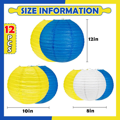 12Pcs Blue and Yellow Party Decorations Hanging Round Paper Lanterns Assorted Sizes (8" 10" 12")
