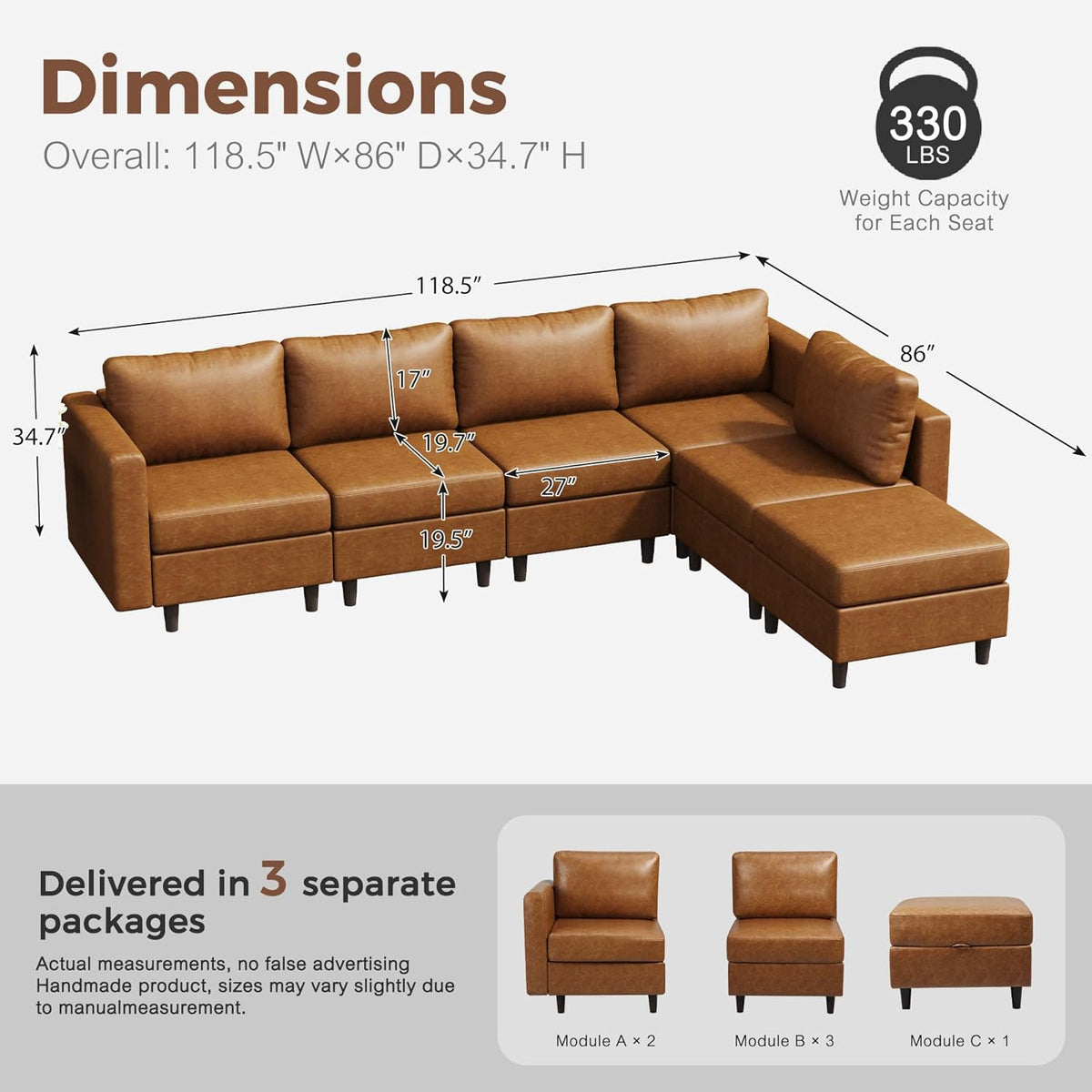 ABCASA 118.5" Faux Leather Modular Sectional Sofa, L Shaped Couch Set for Living Room, 6-Seater
