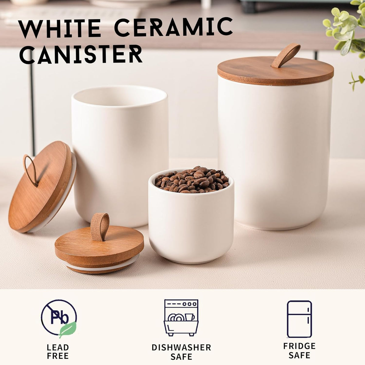 White Ceramic Canister Set with Bamboo Lids, 3-Piece Airtight Food Storage Jars for Kitchen