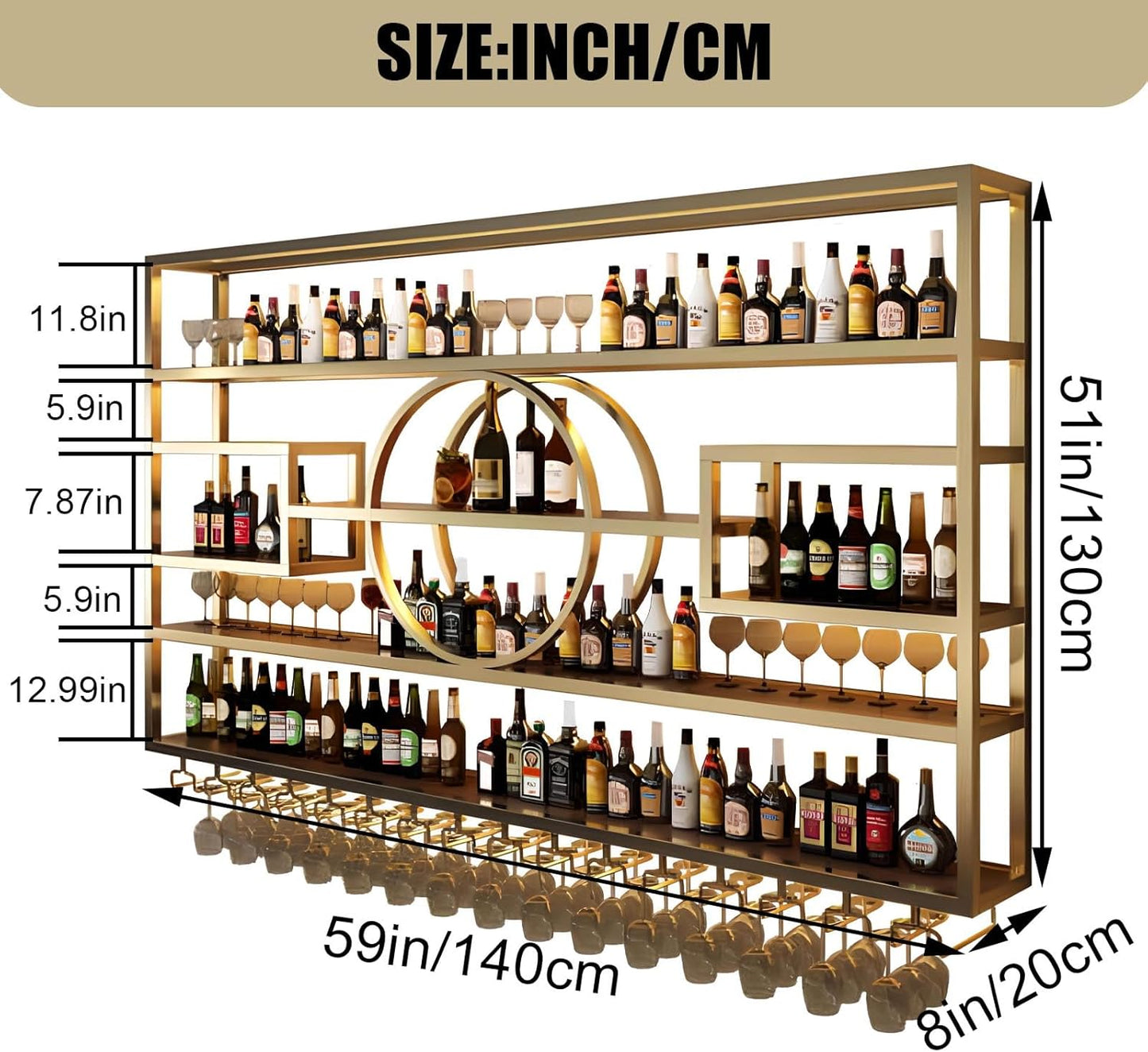 55.1in Wall Mounted Wine Rack, Modern Metal Wine Bottle and Glass Holder, Iron Display Stand