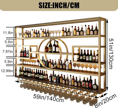 55.1in Wall Mounted Wine Rack, Modern Metal Wine Bottle and Glass Holder, Iron Display Stand