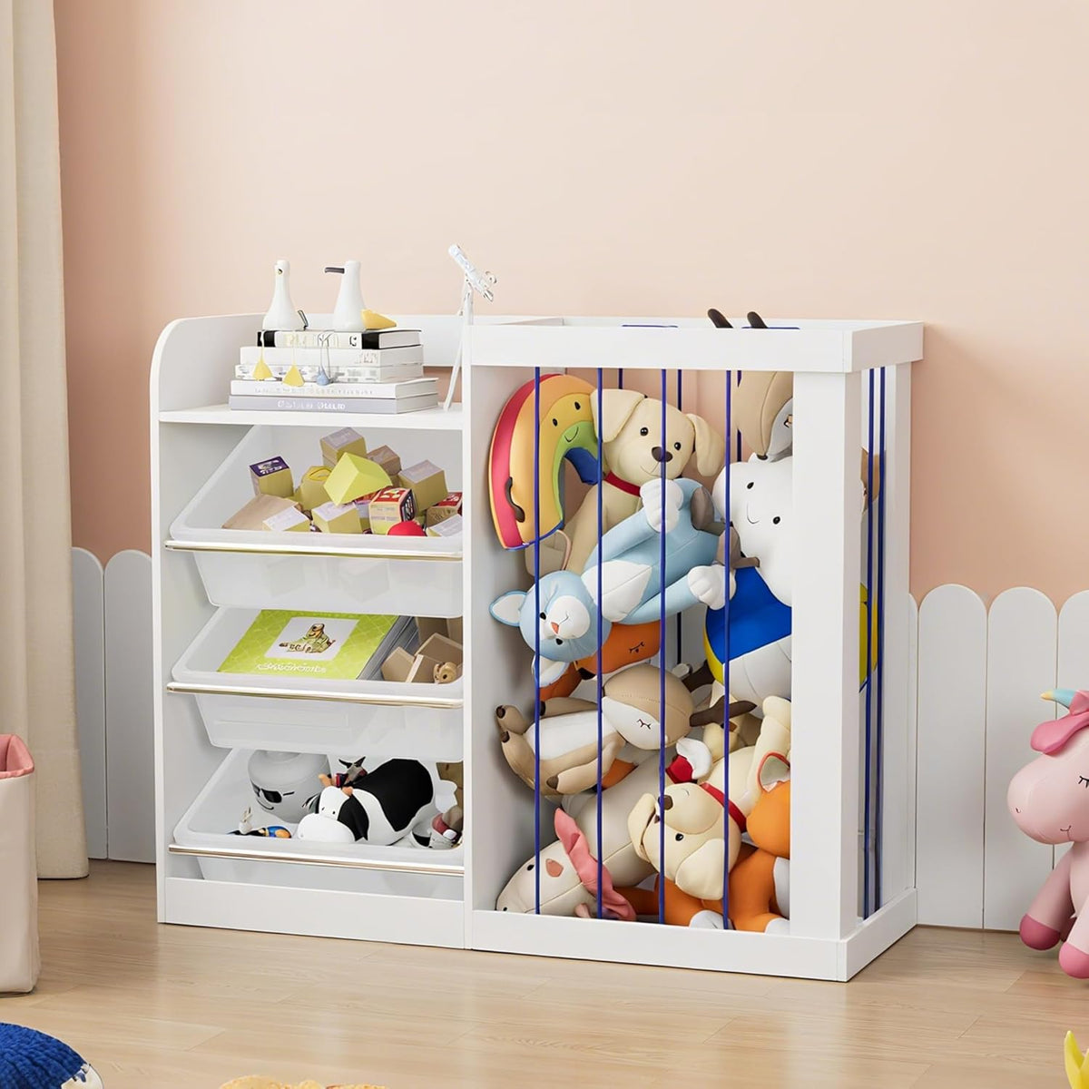 Kids Toy Storage Organizer with 3 Removable Plastic Bins Toddler Montessori Bookshelf with Stuffed