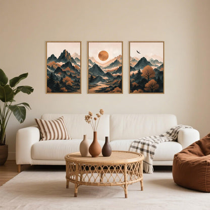 Celestdeco Large Boho Mountain Framed Canvas Wall Art Set, Brown Ridge Landscape Wall Decor, Pine