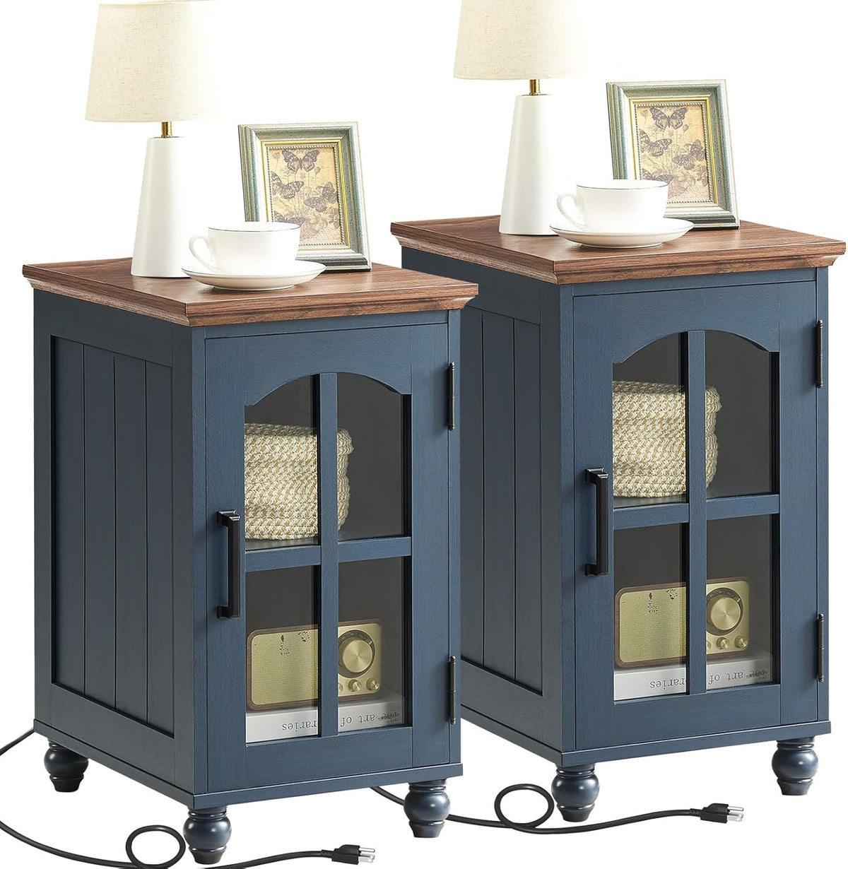 Narrow Side Table Set of 2,Farmhouse Nightstand with Charging Station,End Table with Glass Barn