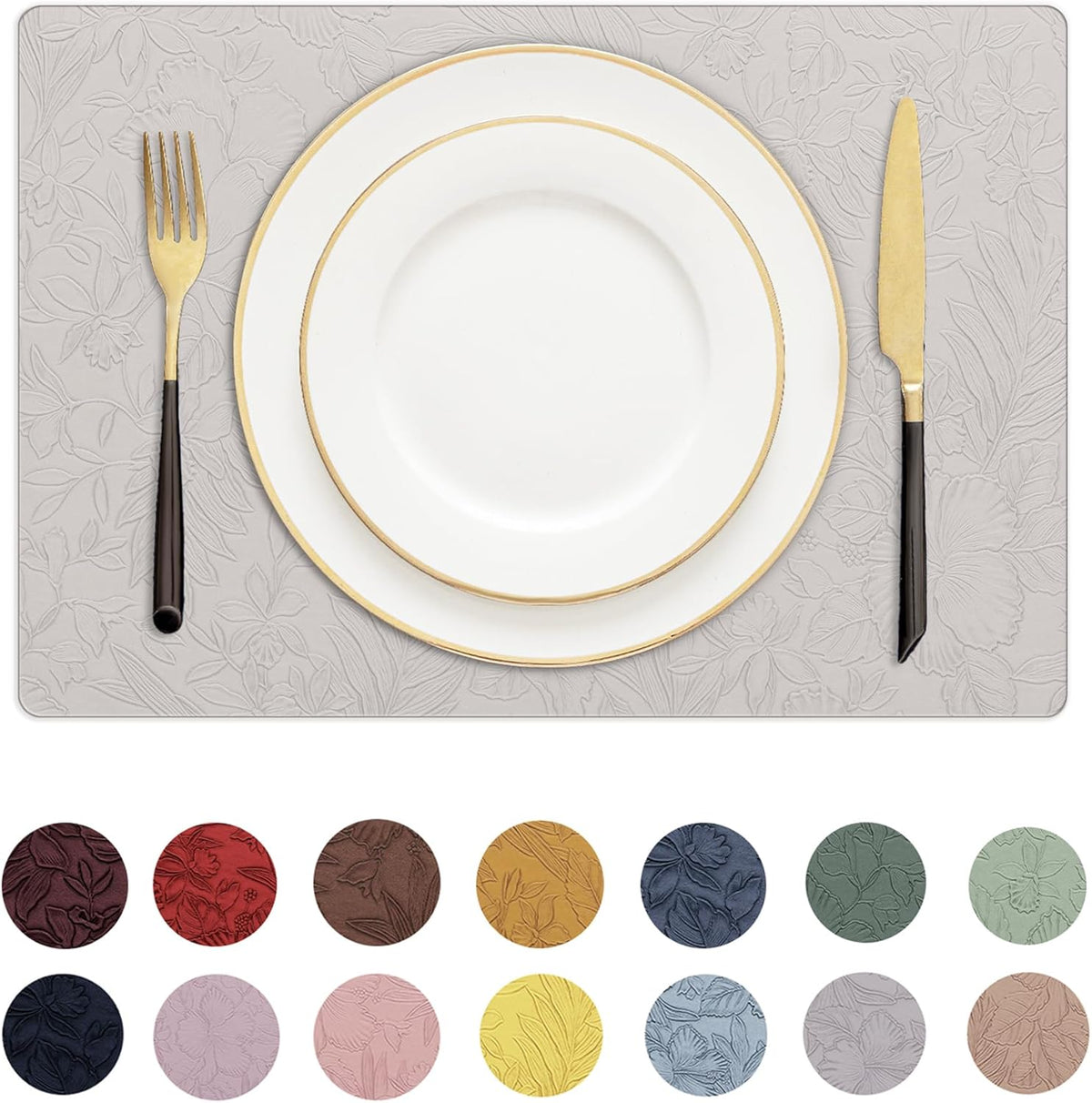 Romanstile Vinyl Placemats Set of 8-12 X 18 Inch - Heat Resistant Non-Slip Embossed Floral Place