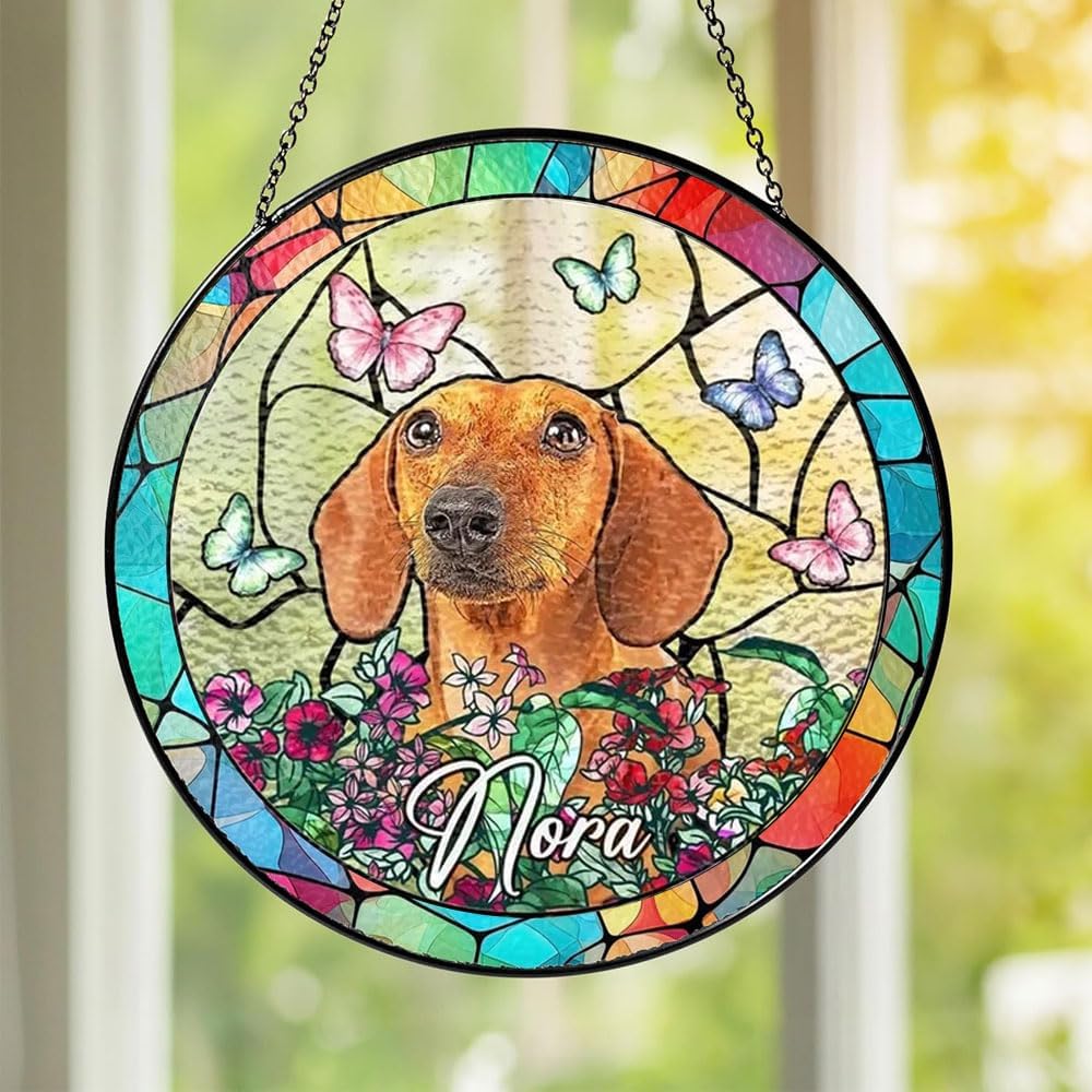 Personalized Stained Glass Window Hanging with Pet Name, Custom Memorial Gift for Dog Lovers