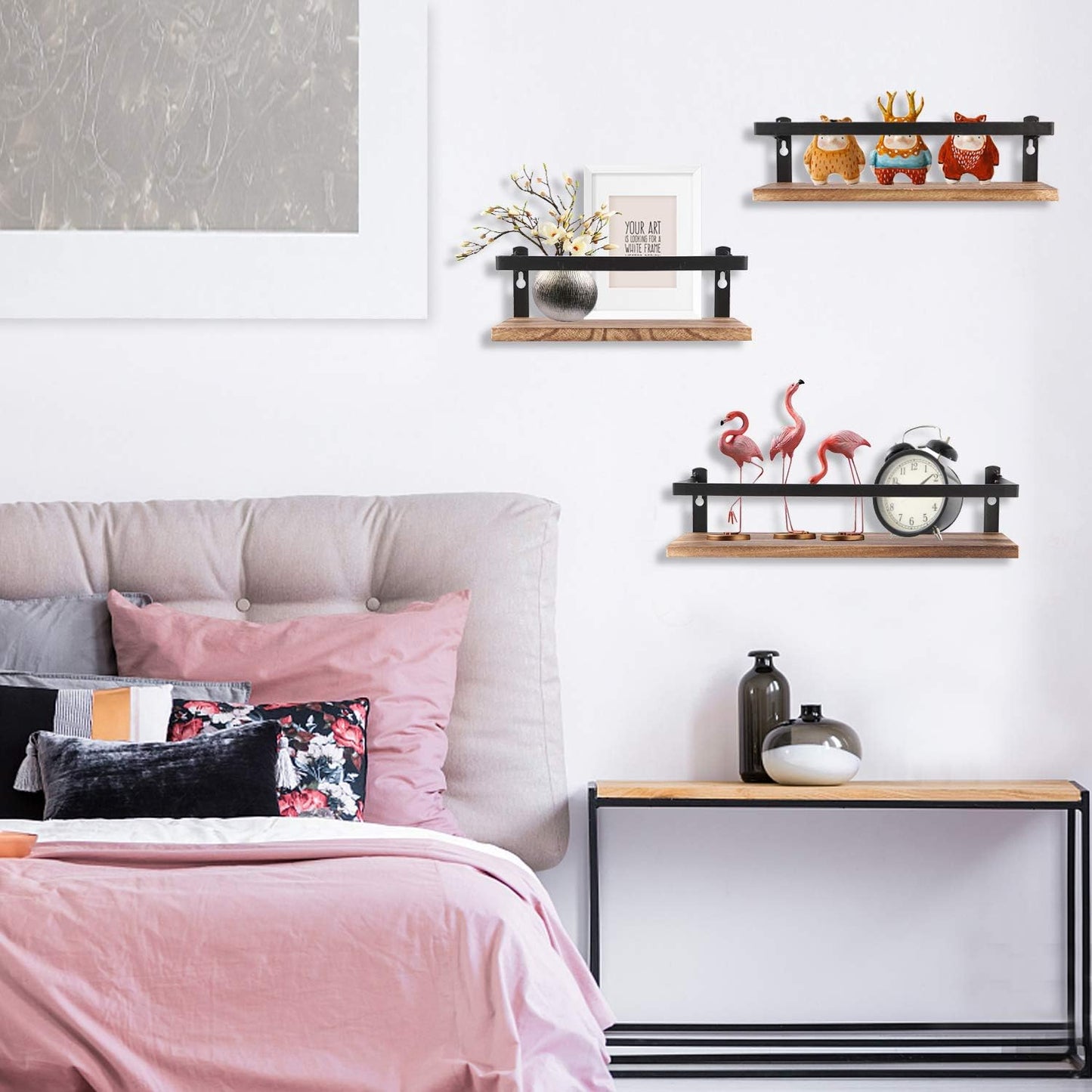 Floating Shelves Rustic Wood Wall Mounted Shelf Practical Metal Fence Design Ideal for Bedroom